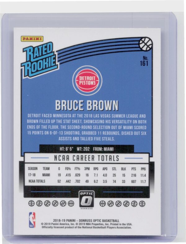 2018-19 Donruss Optic Bruce Brown RC #161 Pistons - Image 3