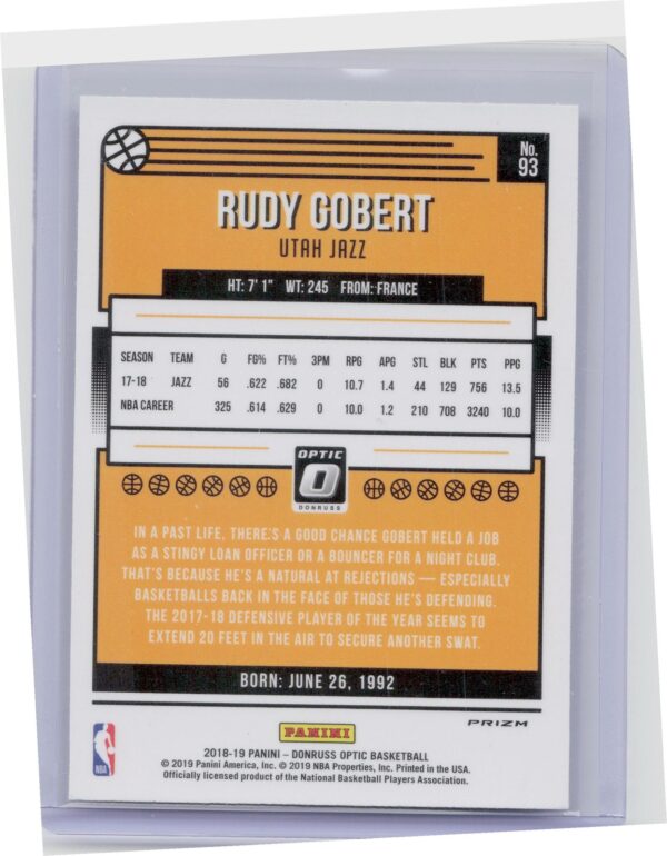 2018-19 Donruss Optic Rudy Gobert Holo #93 Jazz - Image 3