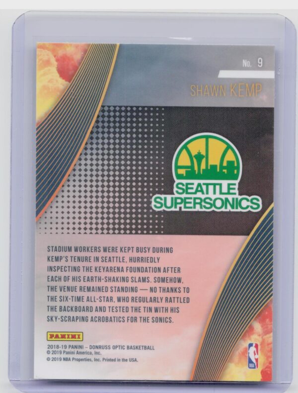 2018-19 Donruss Optic Shawn Kemp #9 SuperSonics All Clear for Takeoff Holo - Image 3