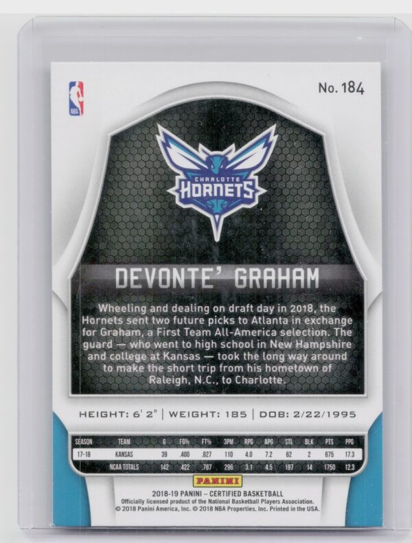 2018-19 Panini Certified Devonte' Graham RC #184 Hornets - Image 3