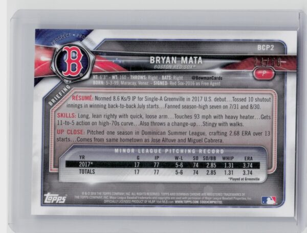 2018 Bowman Bryan Mata /50 #BCP2 Sox Chrome Prospects Mojo Refractor Gold - Image 3