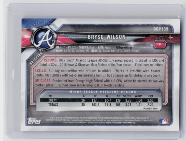 2018 Bowman Bryse Wilson /50 #BCP135 Braves Prospects Mojo Refractor Gold - Image 3