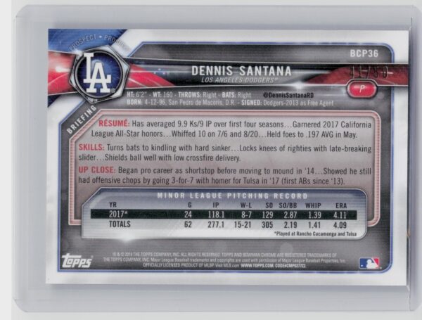 2018 Bowman Dennis Santana SN50 #BCP36 Dodgers Chrome Prospects Mojo Refractor G - Image 3
