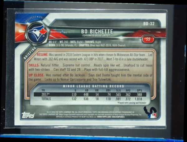 2018 Bowman Draft Bo Bichette Sky Blue SN499 #BD-32 Jays - Image 3