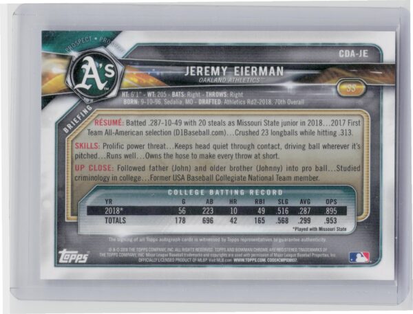 2018 Bowman Draft Jeremy Eierman AU #CDA-JE Athletics Chrome Draft Pick Autograp - Image 3