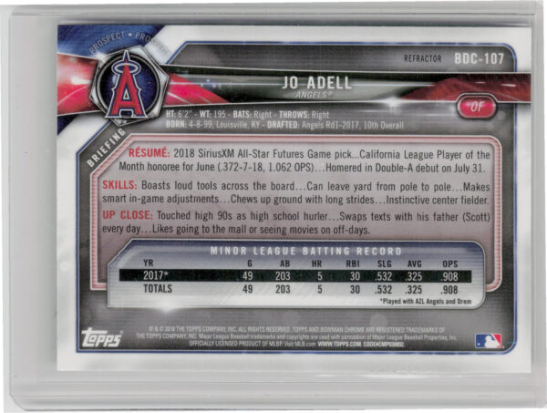2018 Bowman Draft Jo Adell Chrome Refractors #BDC-107 Angels - Image 3