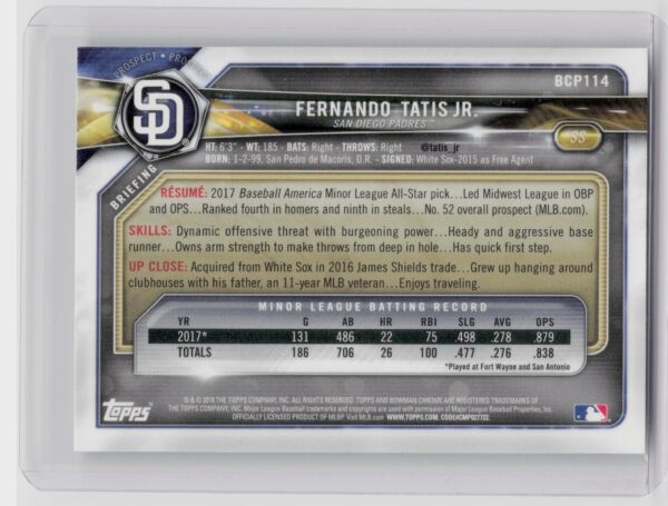2018 Bowman Fernando Tatis Jr. #BCP114 Padres Chrome Prospects Mojo Refractor - Image 3