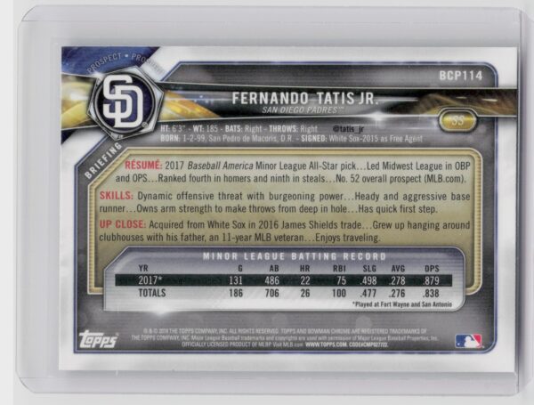 2018 Bowman Fernando Tatis Jr. #BCP114 Padres Chrome Prospects Mojo Refractor - Image 3