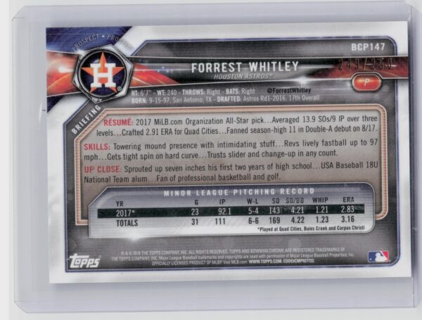 2018 Bowman Forrest Whitley /250 #BCP147 Astros Chrome Prospects Mojo Refractor - Image 3
