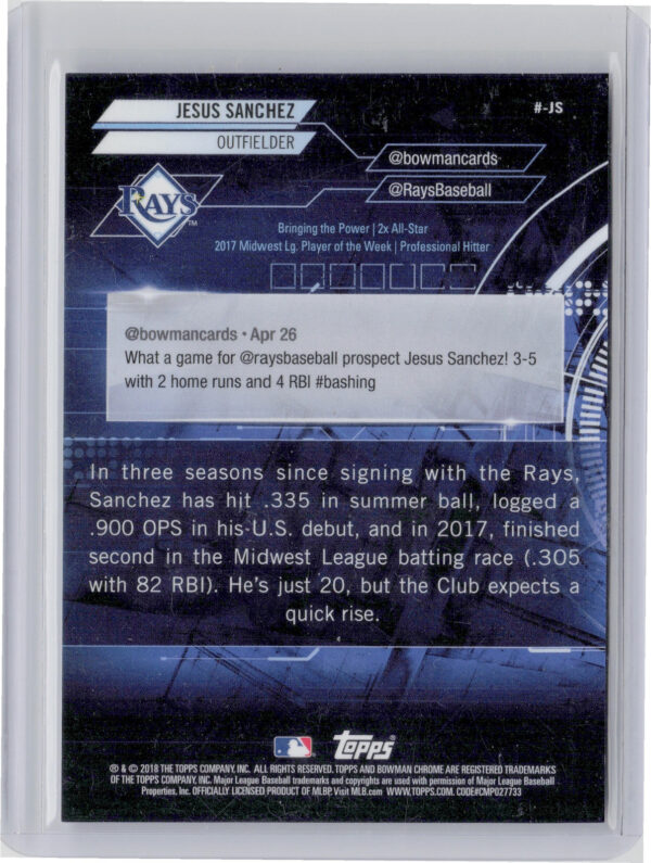 2018 Bowman Jesus Sanchez SN250 ##-JS Rays Chrome #BowmanTrending Mojo Refractor - Image 3
