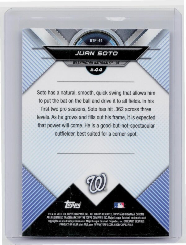 2018 Bowman Juan Soto #BTP-44 Nationals Bowman Chrome Scouts' Top 100 - Image 3