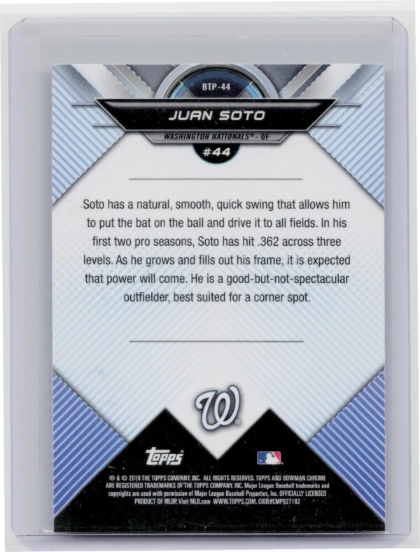 2018 Bowman Juan Soto #BTP-44 Nationals Bowman Chrome Scouts' Top 100 - Image 3