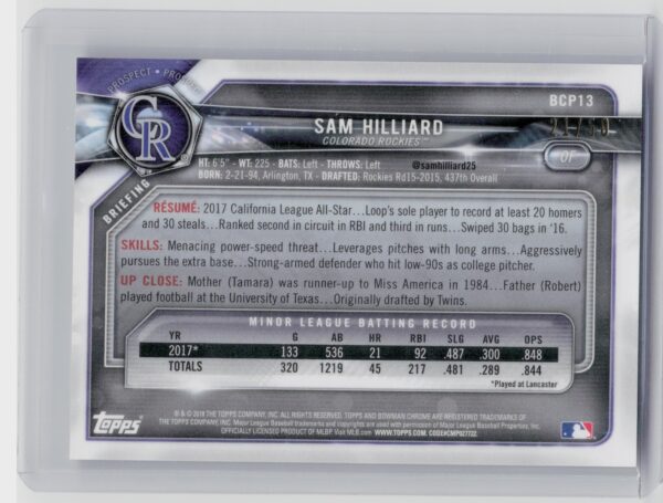 2018 Bowman Sam Hilliard SN50 #BCP13 Rockies Chrome Prospects Mojo Refractor Gol - Image 3