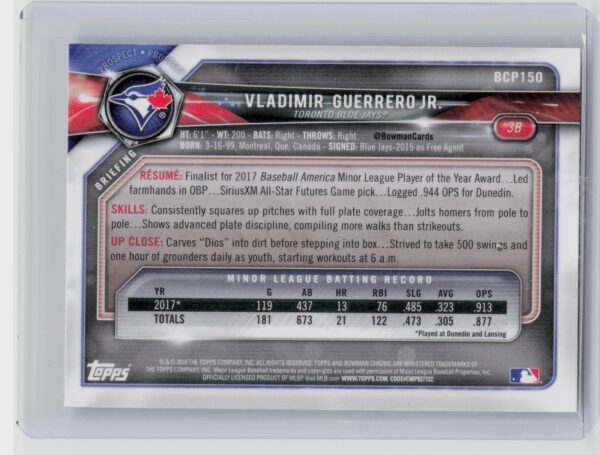 2018 Bowman Vladimir Guerrero Jr. #BCP150 Jays Chrome Prospects Mojo Refractor - Image 3