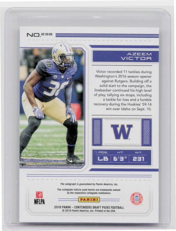 2018 Contenders Draft Picks Azeem Victor Auto #238 Huskies - Image 3