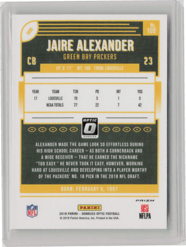 2018 Donruss Optic Jaire Alexander Red and Yellow #109 Packers - Image 3