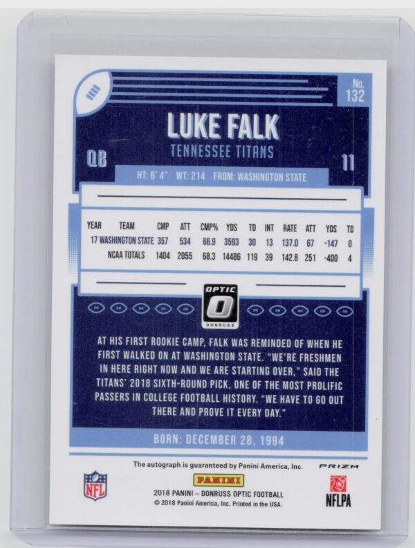 2018 Donruss Optic Luke Falk AU #132 Titans Rookies Autographs Bronze - Image 3