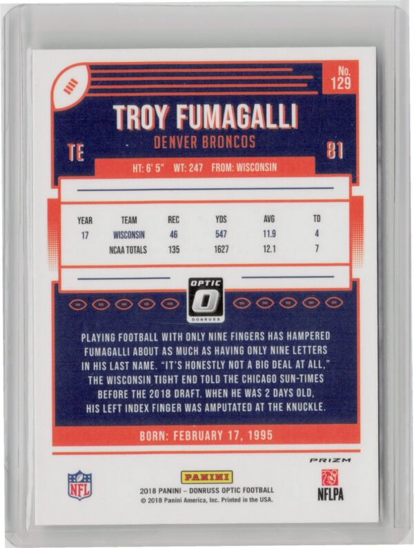 2018 Donruss Optic Troy Fumagalli Red and Yellow #129 Broncos - Image 3