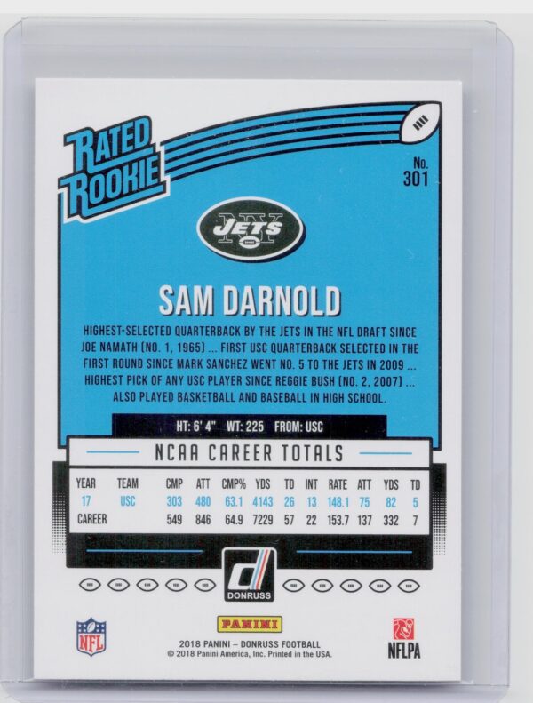 2018 Donruss Sam Darnold RC #301 Jets - Image 3