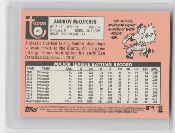 2018 Heritage Andrew McCutchen SP VAR #705 Giants - Image 3