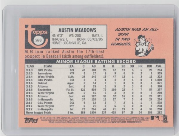 2018 Heritage Austin Meadows RC #568 Pirates - Image 3