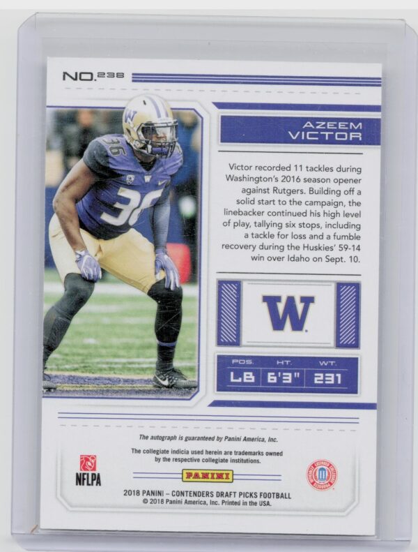2018 Panini Contenders Draft Picks Azeem Victor AU #238 Huskies - Image 3