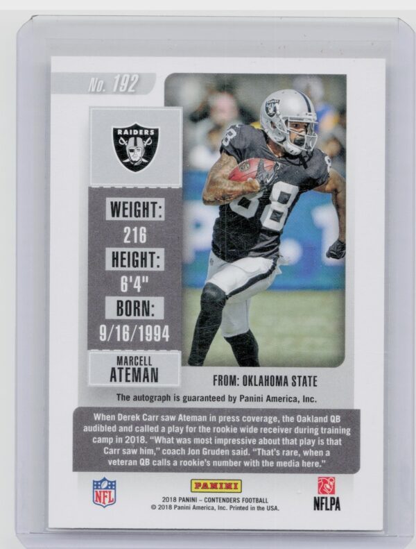 2018 Panini Contenders Marcell Ateman #192 Raiders - Image 3