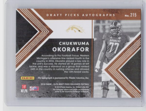 2018 Panini Elite Draft Picks Chukwuma Okorafor AU #215 Broncos Draft Picks Auto - Image 3