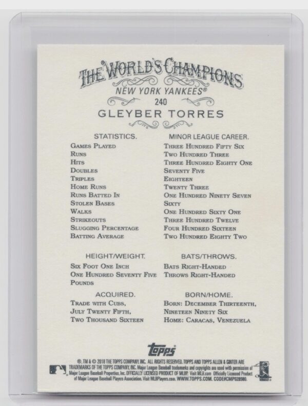 2018 Topps Allen & Ginter Gleyber Torres RC #240 Yankees - Image 3