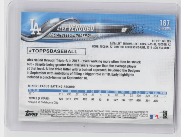 2018 Topps Chrome Alex Verdugo RC #167 Dodgers - Image 3