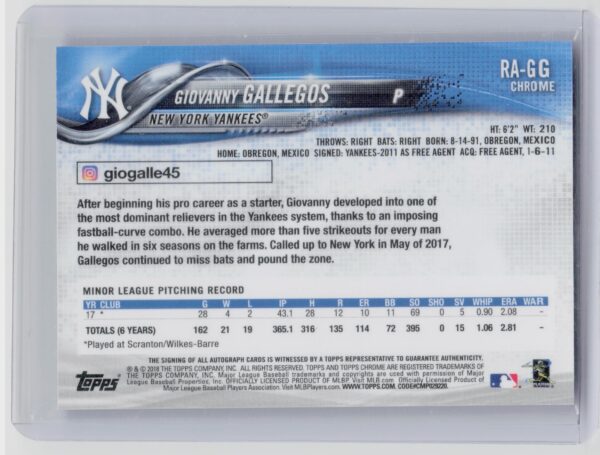 2018 Topps Chrome Giovanny Gallegos AU #RA-GG Yankees Rookie Autographs - Image 3