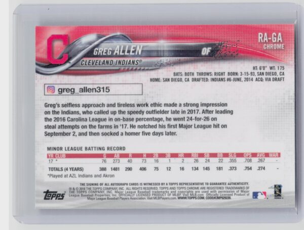 2018 Topps Chrome Greg Allen AU #RA-GA Indians Rookie Autographs - Image 3