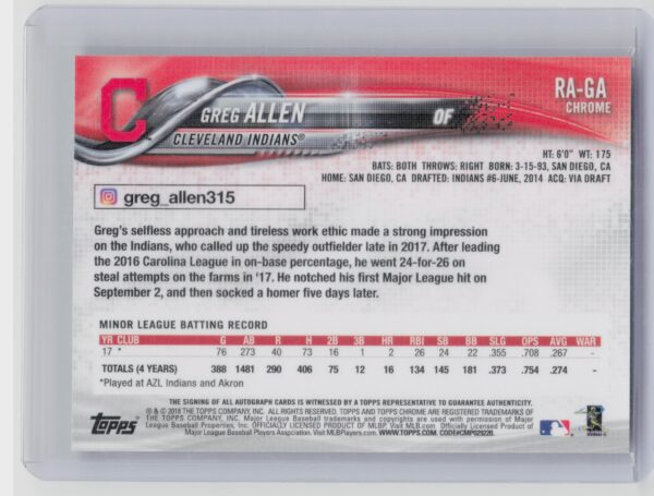 2018 Topps Chrome Greg Allen AU #RA-GA Indians Rookie Autographs - Image 3