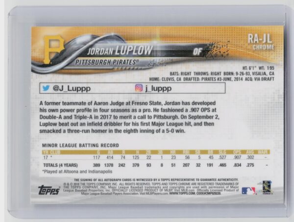 2018 Topps Chrome Jordan Luplow AU #RA-JL Pirates Rookie Autographs - Image 3