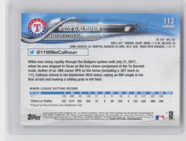 2018 Topps Chrome Willie Calhoun RC #113 Rangers - Image 3