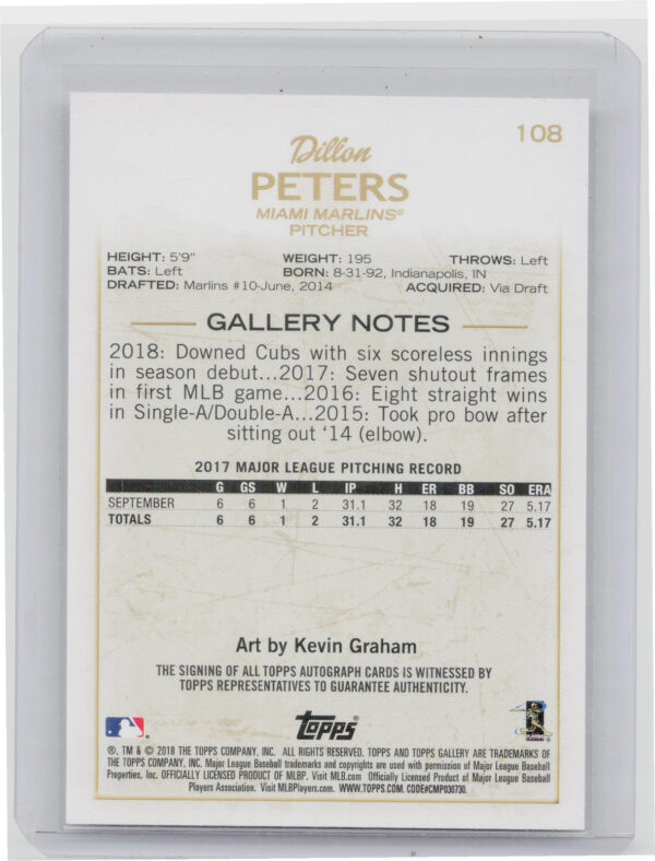 2018 Topps Gallery Dillon Peters AU #108 Marlins Autographs - Image 3