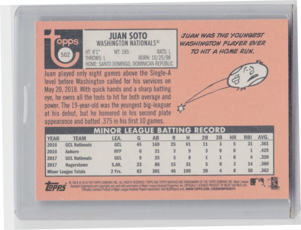 2018 Topps Heritage Juan Soto RC #502 Nationals - Image 3