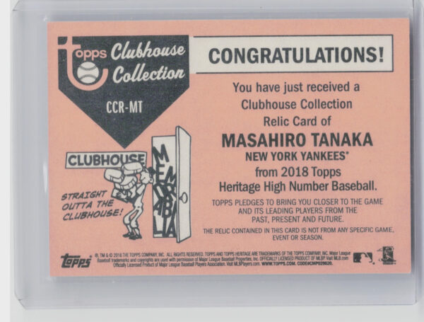 2018 Topps Heritage Masahiro Tanaka MEM #CCR-MT Yankees Clubhouse Collection Rel - Image 3