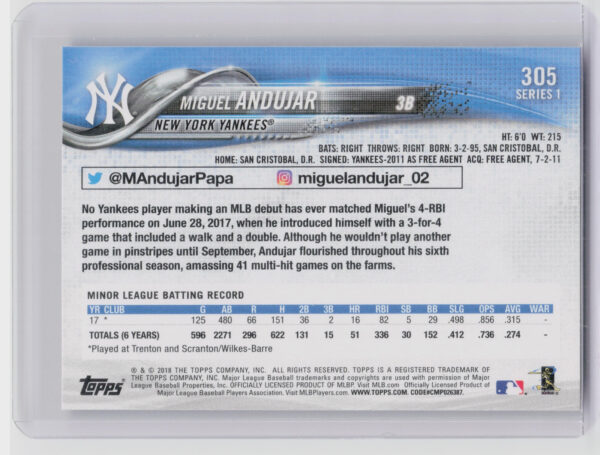 2018 Topps Miguel Andujar RC #305 Yankees - Image 3