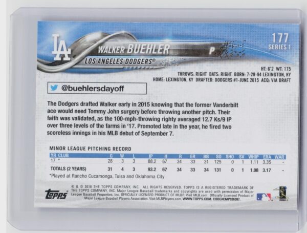 2018 Topps Walker Buehler RC #177 Dodgers - Image 3