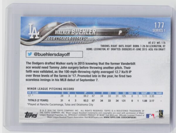 2018 Topps Walker Buehler RC #177 Dodgers - Image 3