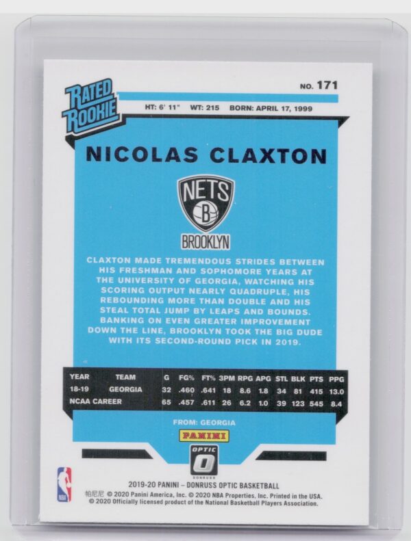 2019-20 Donruss Optic Nicolas Claxton RC #171 Nets - Image 3