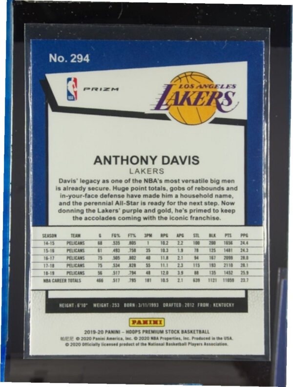 2019-20 Hoops Premium Stock Anthony Davis Prizms Red Cracked Ice #294 Lakers - Image 3