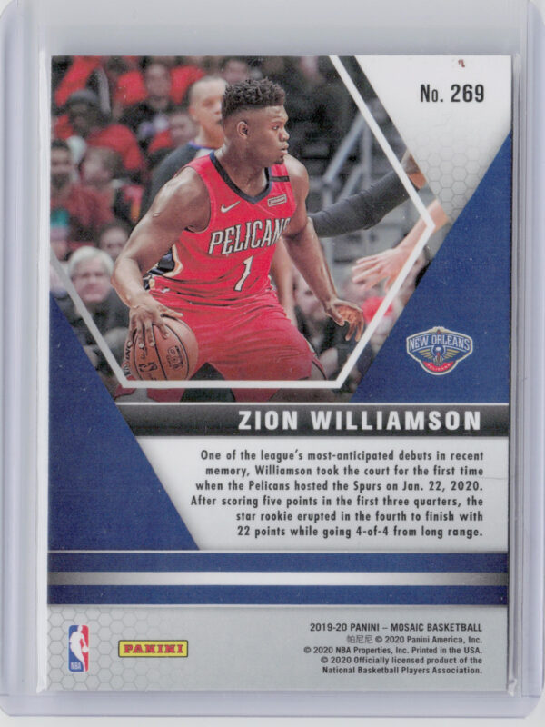 2019-20 Panini Mosaic Zion Williamson RC #269 Pelicans - Image 3