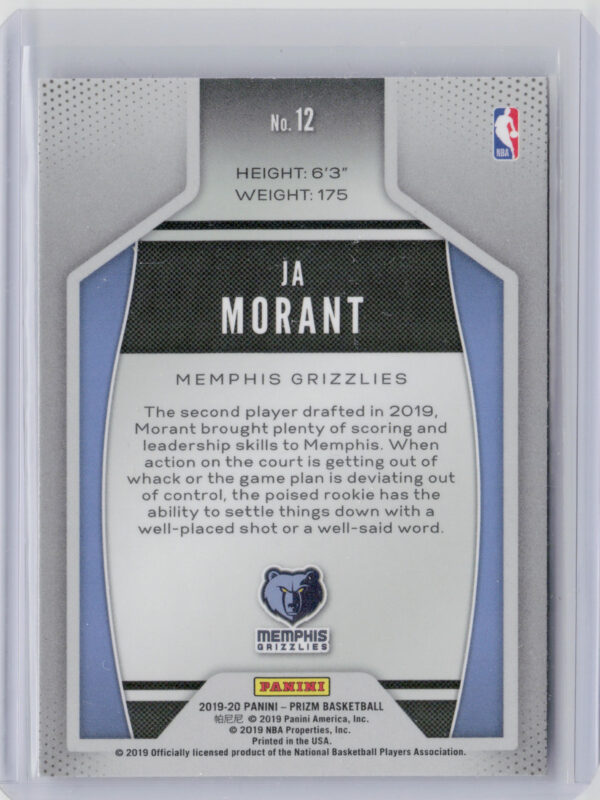 2019-20 Panini Prizm Ja Morant #12 Grizzlies Instant Impact - Image 3