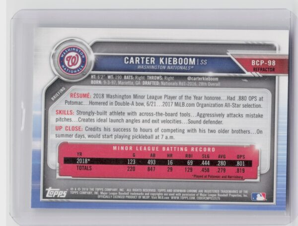 2019 Bowman Carter Kieboom /499 #BCP-98 Nationals Chrome Prospects Refractor - Image 3