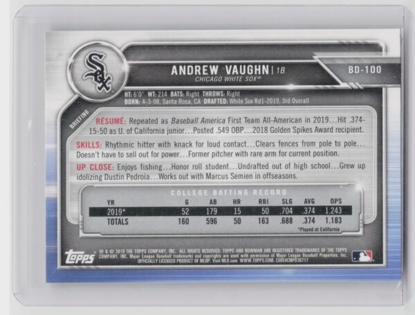 2019 Bowman Draft Andrew Vaughn #BD-100 Sox - Image 3