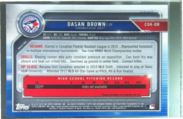 2019 Bowman Draft Dasan Brown Auto #CDA-DB Jays Chrome Draft Pick Autographs - Image 3
