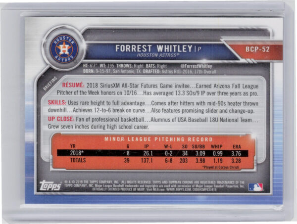 2019 Bowman Forrest Whitley SN250 #BCP-52 Astros Chrome Prospects Mojo Refractor - Image 3