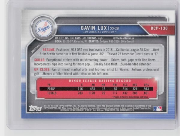 2019 Bowman Gavin Lux #BCP-130 Dodgers Chrome Prospects Mojo Refractors - Image 3